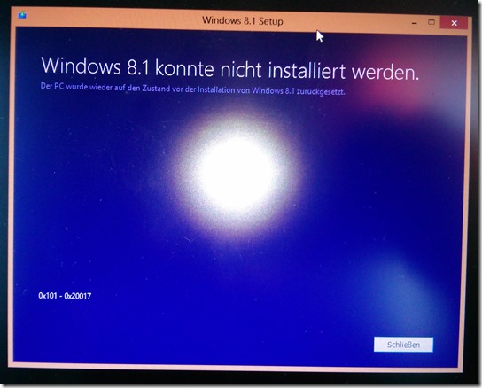 Windows 8.1 could not be installed (0x101 - 0x20017)